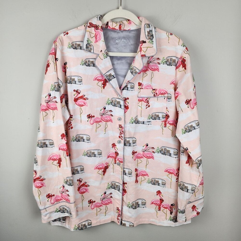 Nick and Nora pajama top size L cotton flannel flamingo snow